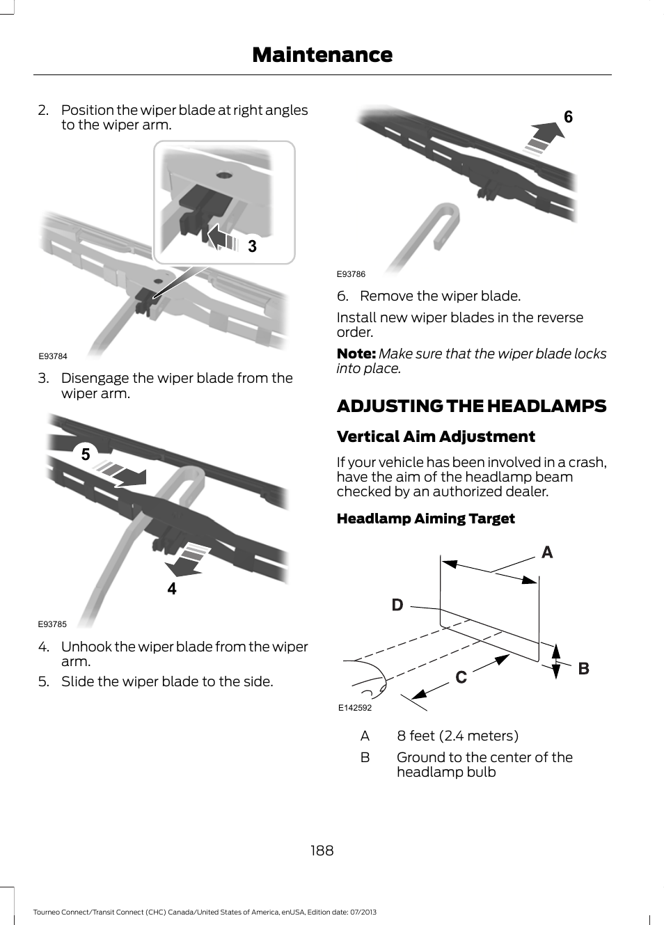 Adjusting the headlamps, Maintenance | FORD 2014 Transit Connect v.2 User Manual | Page 191 / 404