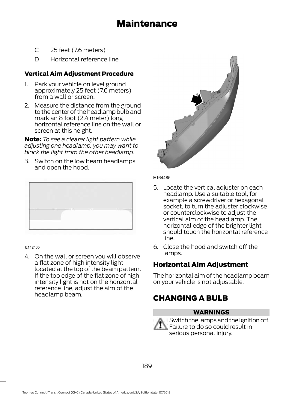 Changing a bulb, Maintenance | FORD 2014 Transit Connect v.2 User Manual | Page 192 / 404