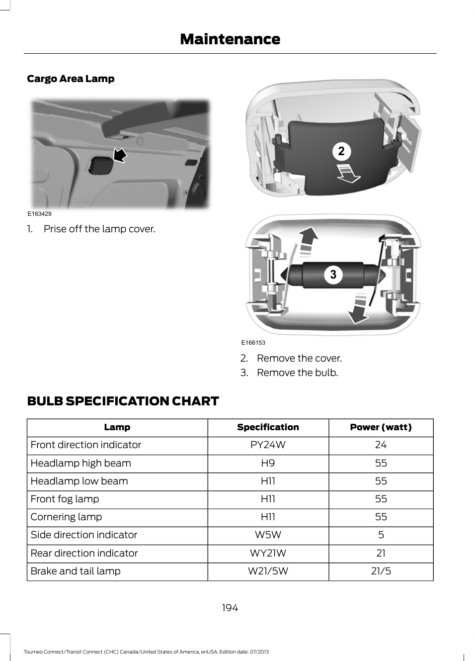 Bulb specification chart, Maintenance | FORD 2014 Transit Connect v.2 User Manual | Page 197 / 404