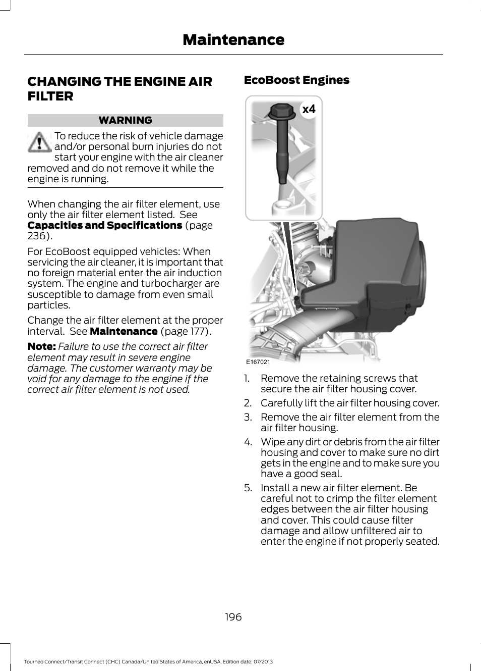 Changing the engine air filter, Maintenance | FORD 2014 Transit Connect v.2 User Manual | Page 199 / 404