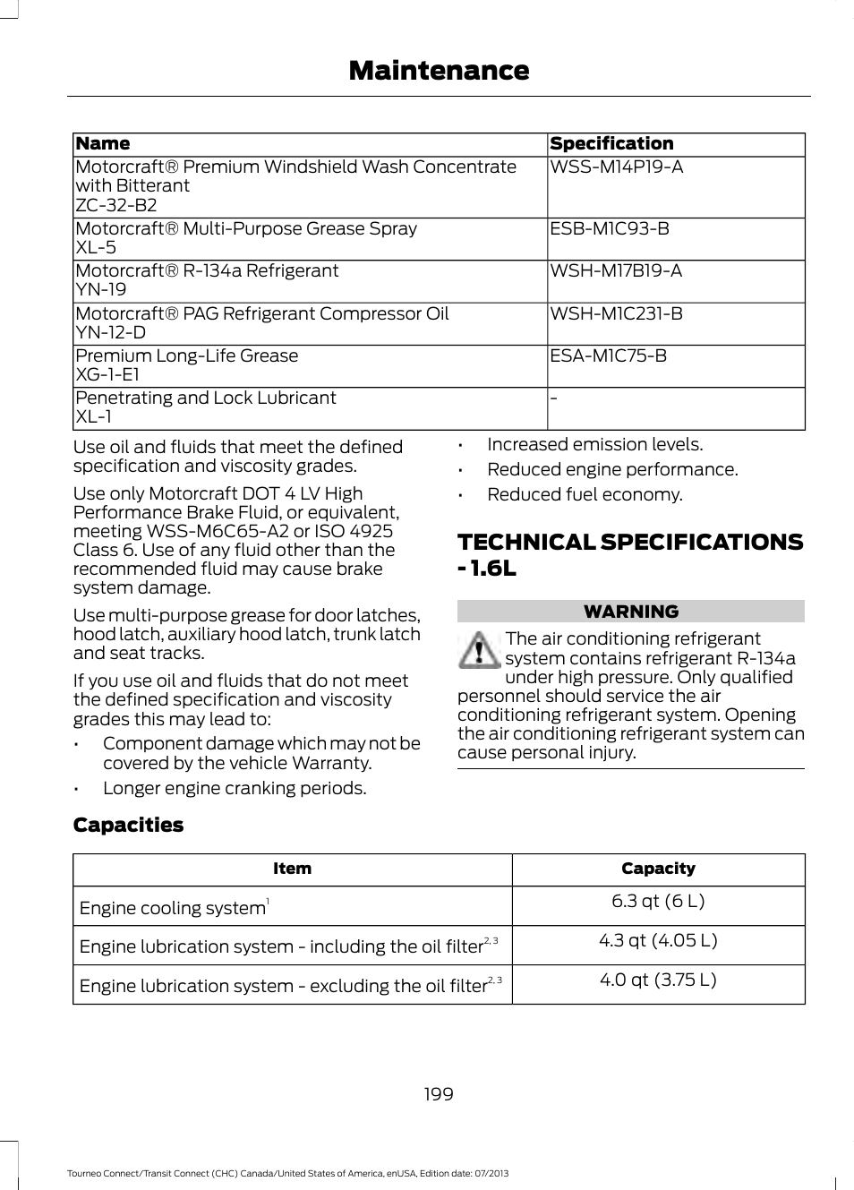 Technical specifications, Technical specifications - 1.6l, Maintenance | FORD 2014 Transit Connect v.2 User Manual | Page 202 / 404