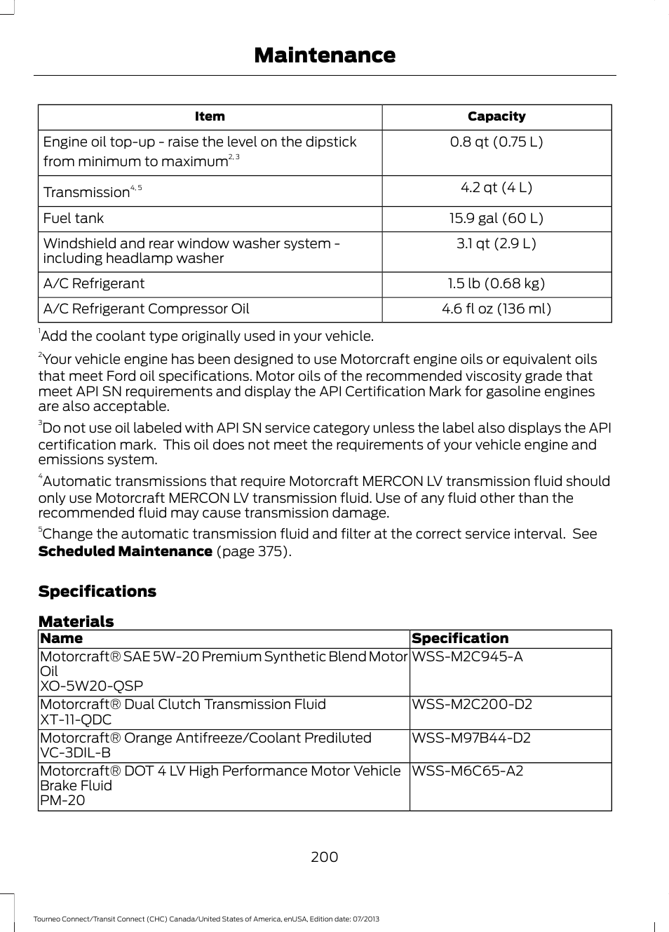 Maintenance, Specifications materials | FORD 2014 Transit Connect v.2 User Manual | Page 203 / 404