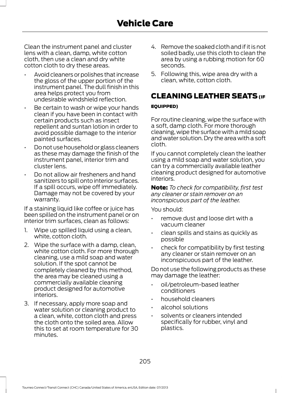 Cleaning leather seats, Vehicle care | FORD 2014 Transit Connect v.2 User Manual | Page 208 / 404