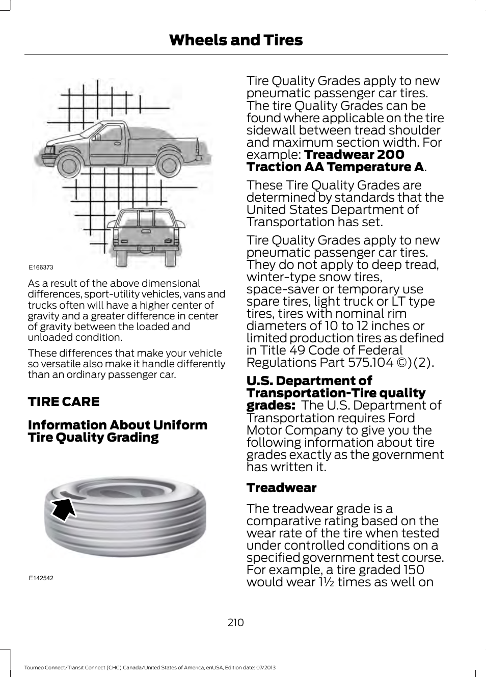 Tire care, Wheels and tires | FORD 2014 Transit Connect v.2 User Manual | Page 213 / 404