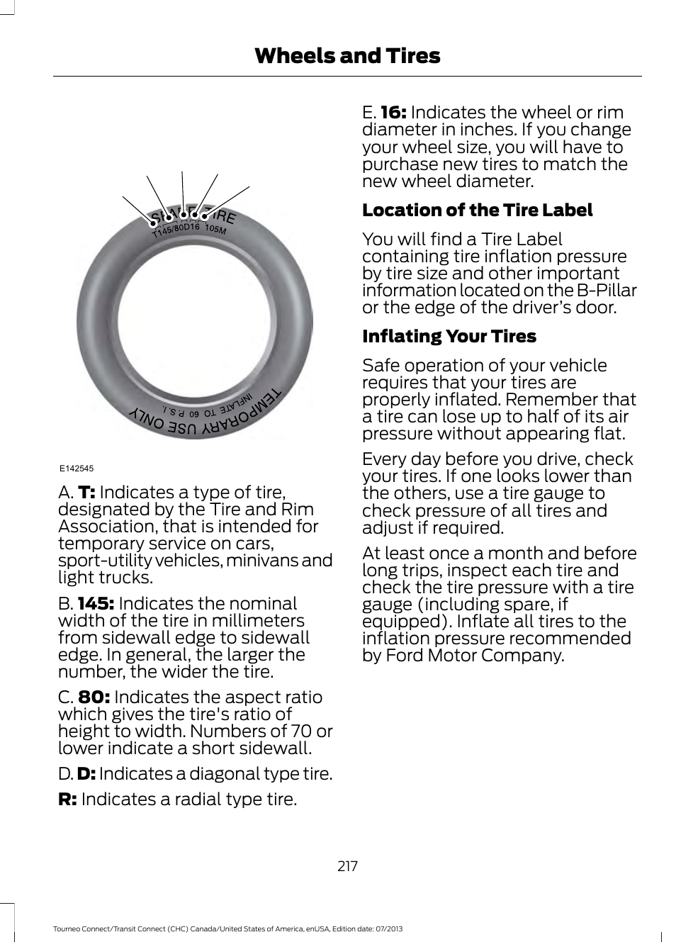 Wheels and tires | FORD 2014 Transit Connect v.2 User Manual | Page 220 / 404