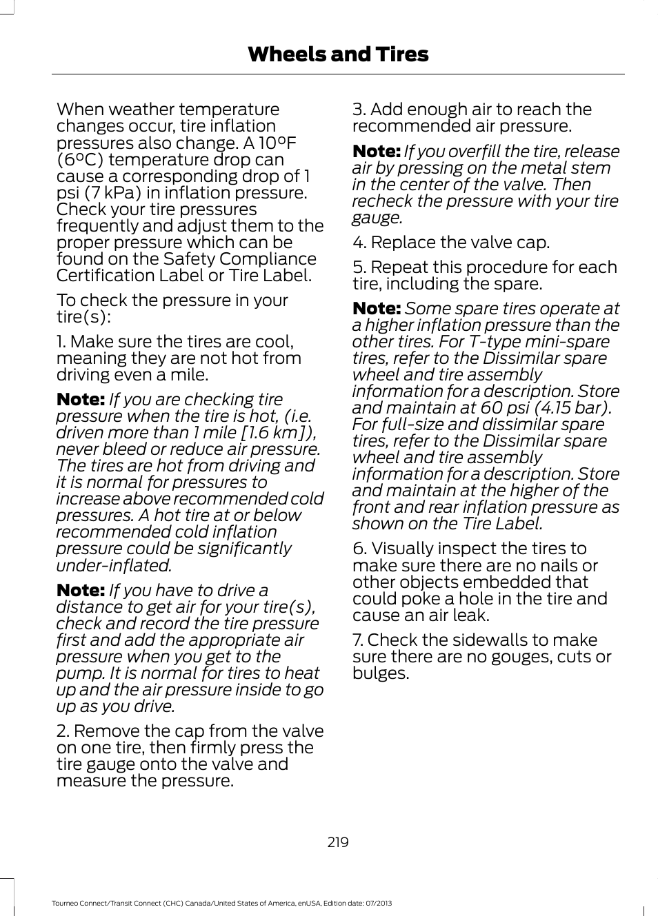 Wheels and tires | FORD 2014 Transit Connect v.2 User Manual | Page 222 / 404