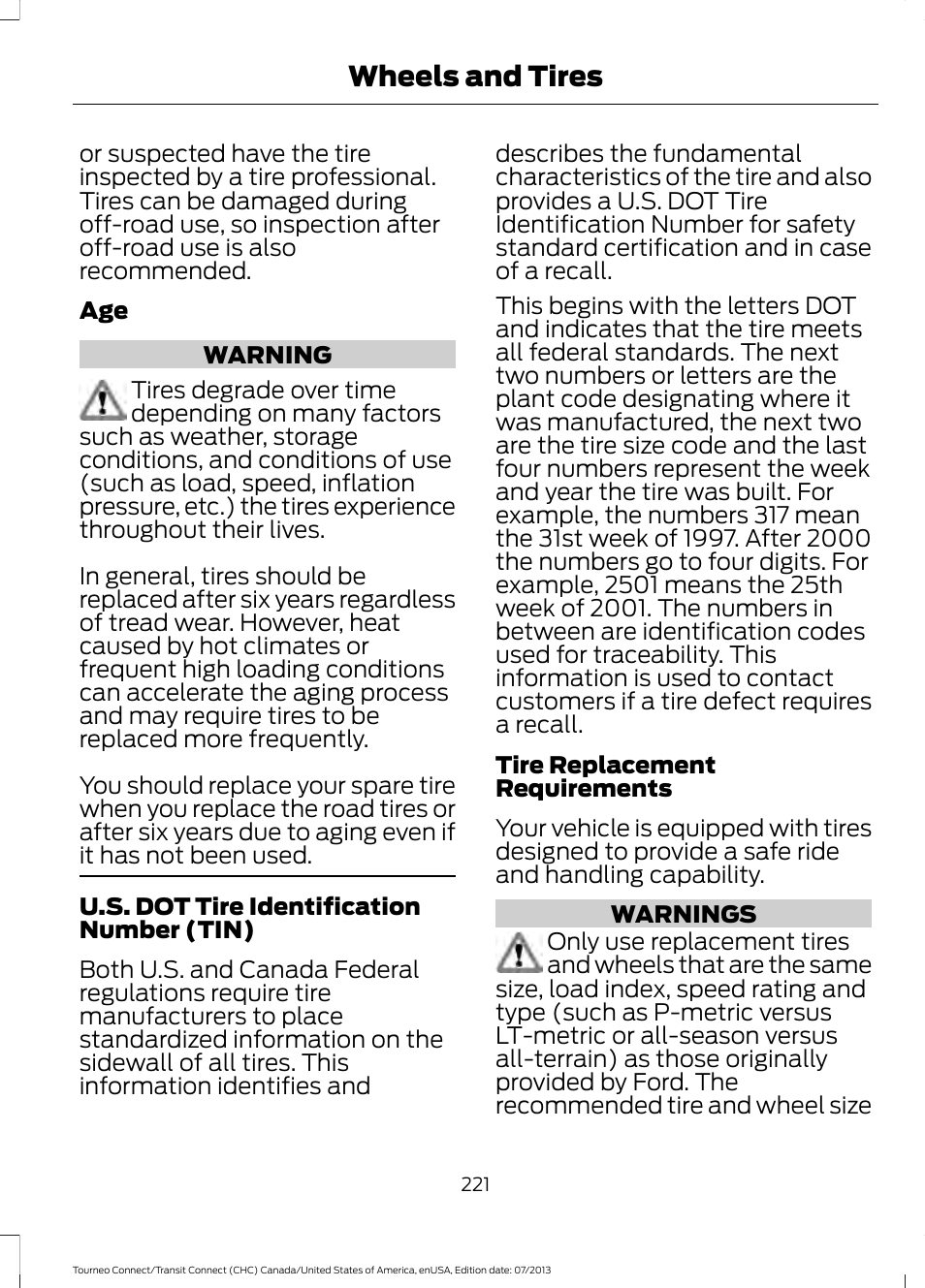 Wheels and tires | FORD 2014 Transit Connect v.2 User Manual | Page 224 / 404