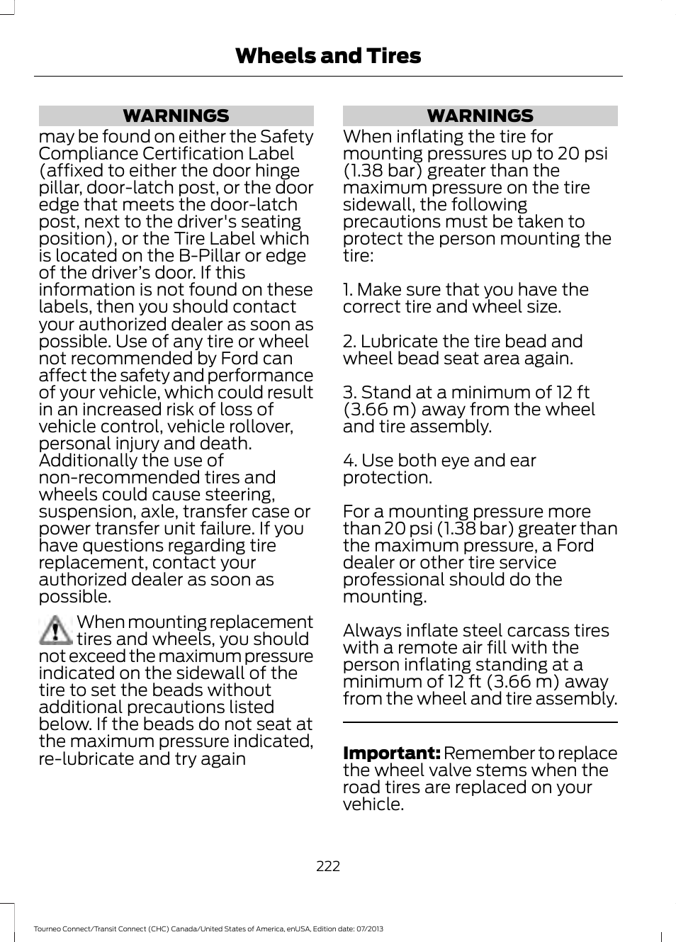 Wheels and tires | FORD 2014 Transit Connect v.2 User Manual | Page 225 / 404