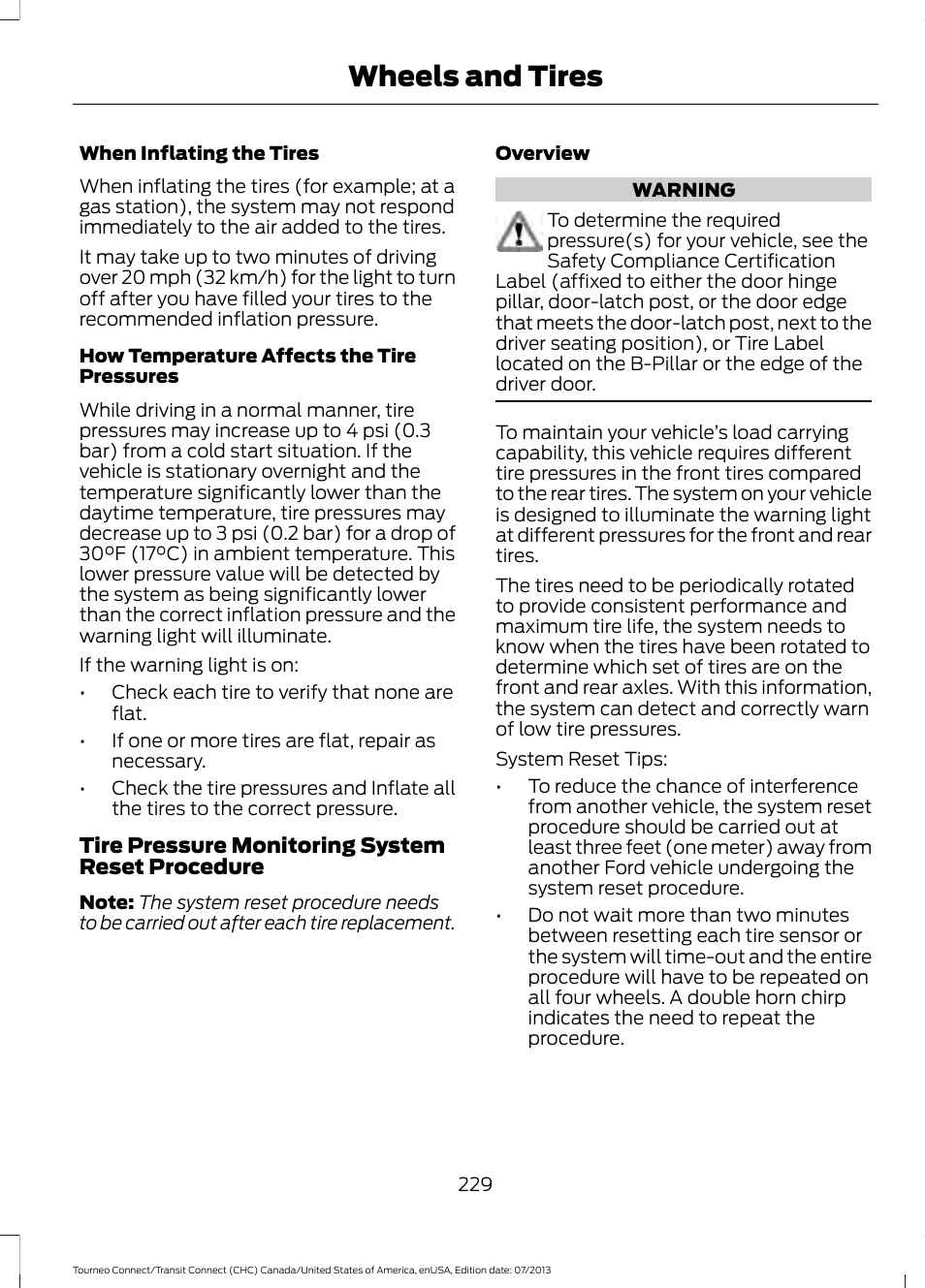 Wheels and tires | FORD 2014 Transit Connect v.2 User Manual | Page 232 / 404