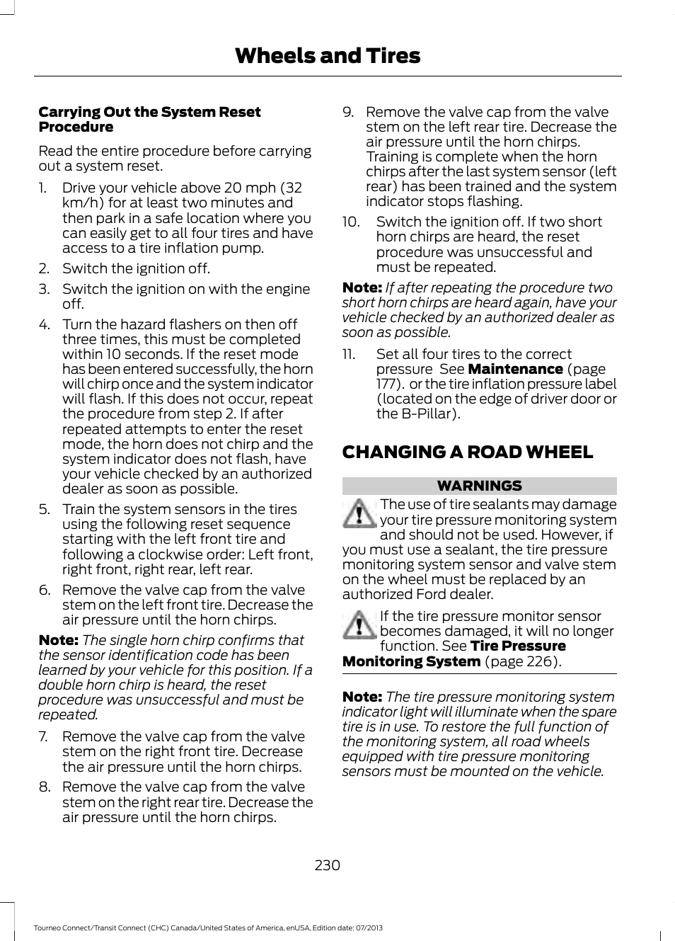 Changing a road wheel, Wheels and tires | FORD 2014 Transit Connect v.2 User Manual | Page 233 / 404