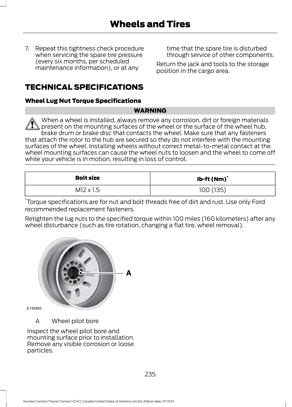 Technical specifications, Wheels and tires | FORD 2014 Transit Connect v.2 User Manual | Page 238 / 404