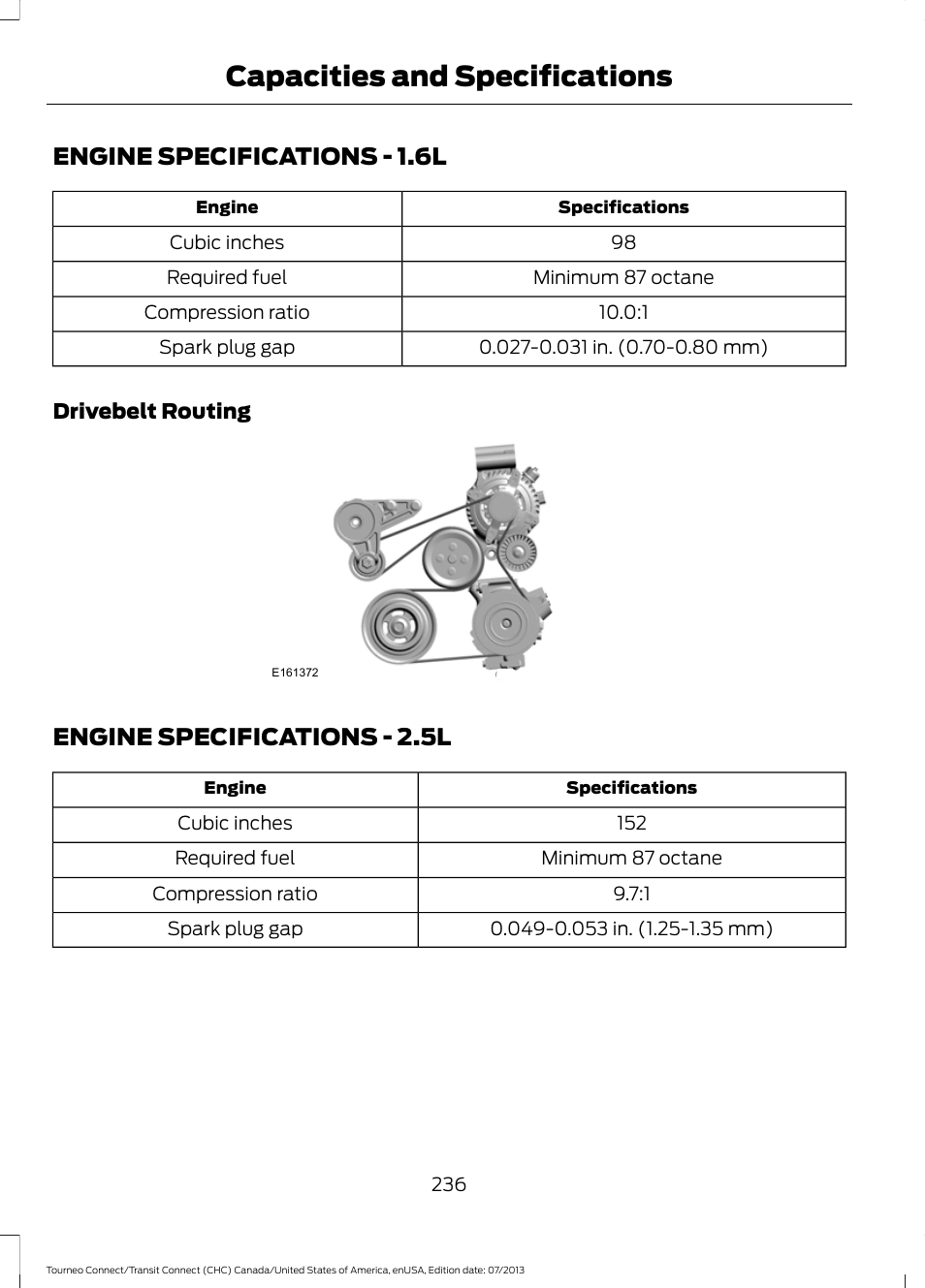 Capacities and specifications, Engine specifications, Capacities and specific | Ations, Engine specifications - 1.6l, Engine specifications - 2.5l | FORD 2014 Transit Connect v.2 User Manual | Page 239 / 404