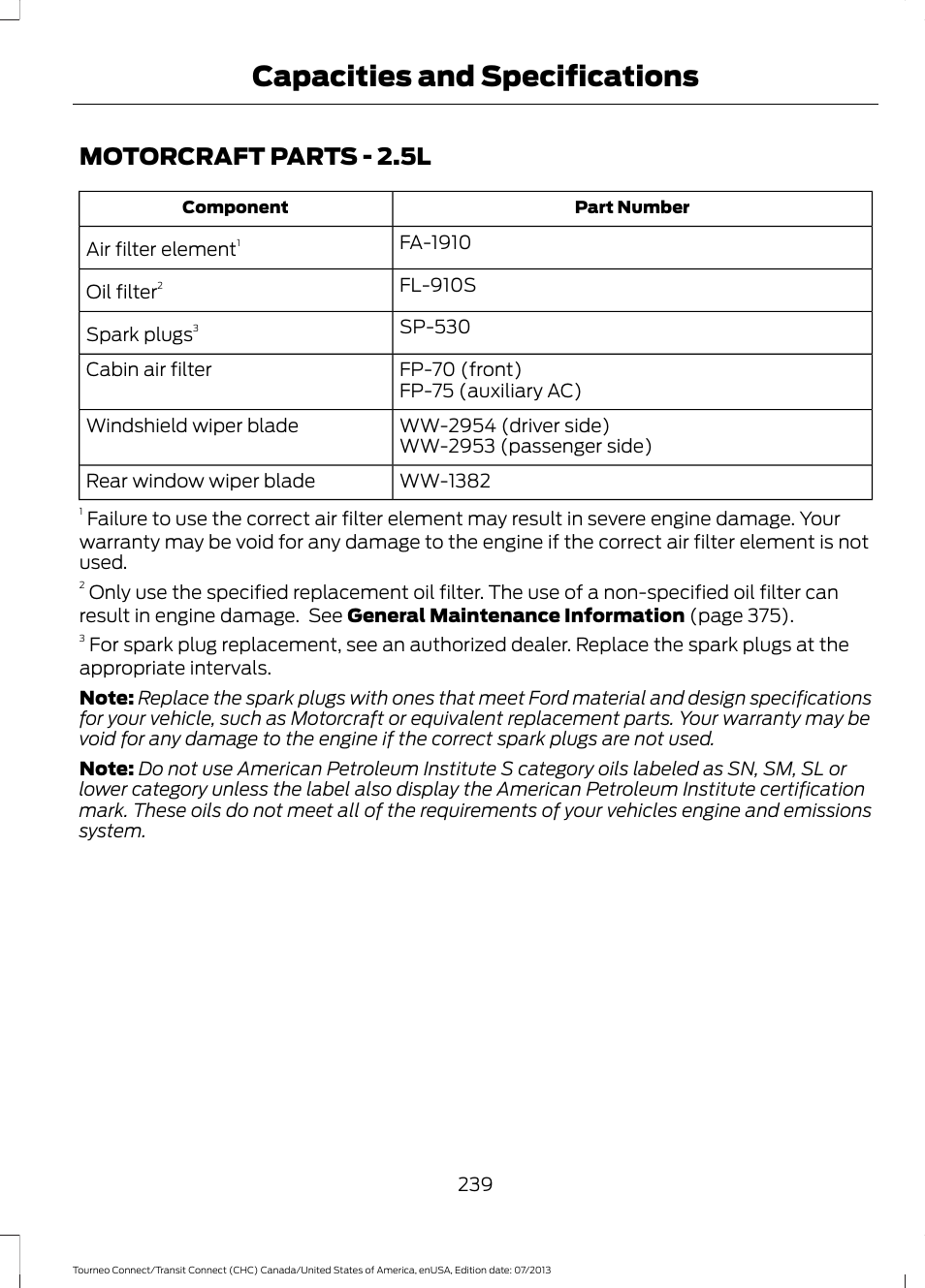 Motorcraft parts, Motorcraft parts - 2.5l, Capacities and specifications | FORD 2014 Transit Connect v.2 User Manual | Page 242 / 404