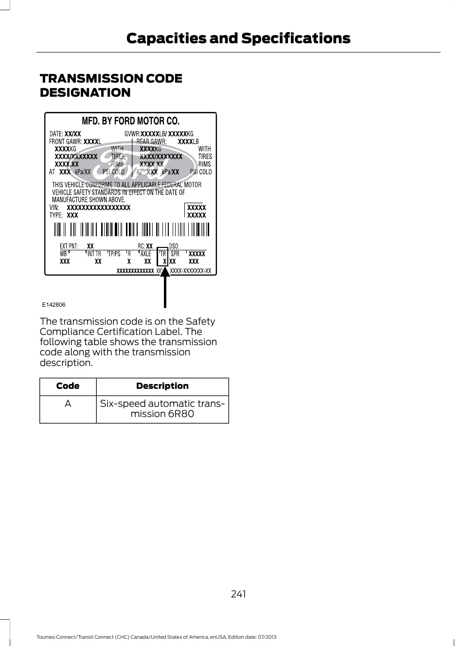 Transmission code designation, Capacities and specifications | FORD 2014 Transit Connect v.2 User Manual | Page 244 / 404