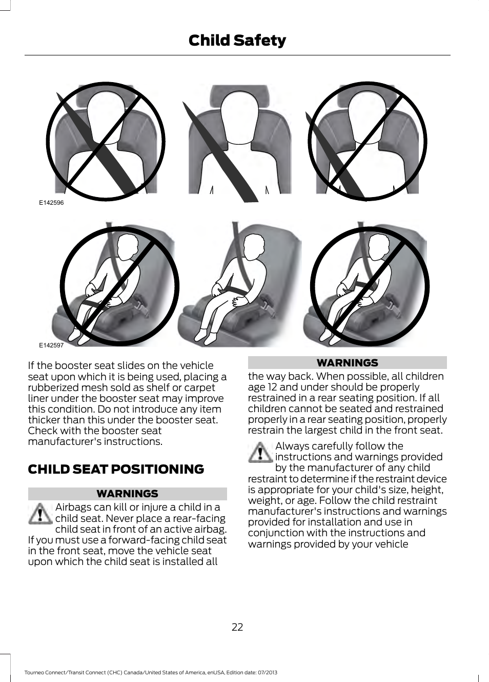 Child seat positioning, Child safety | FORD 2014 Transit Connect v.2 User Manual | Page 25 / 404