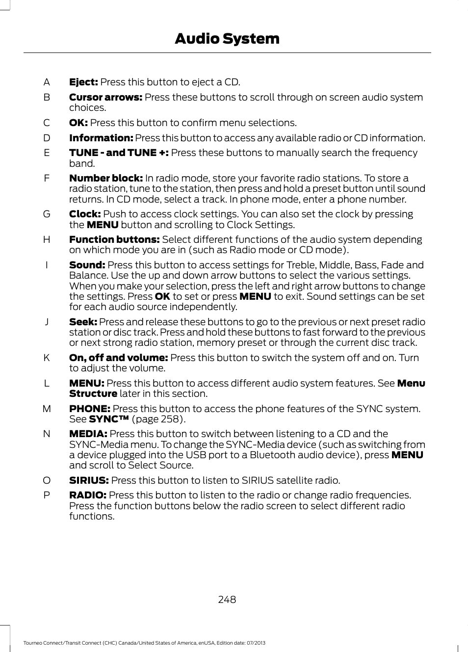 Audio system | FORD 2014 Transit Connect v.2 User Manual | Page 251 / 404