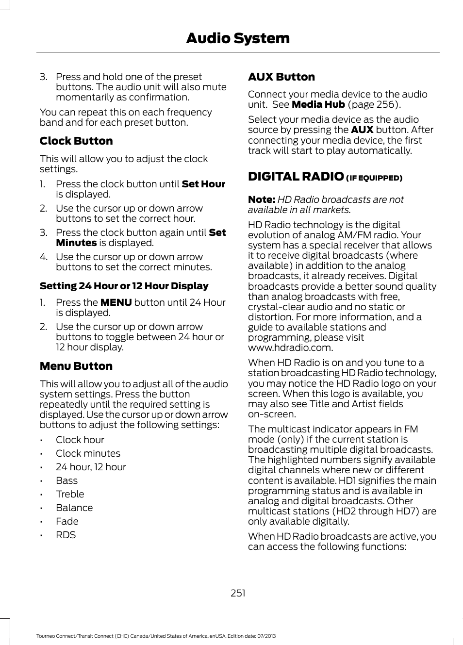 Digital radio, Audio system | FORD 2014 Transit Connect v.2 User Manual | Page 254 / 404
