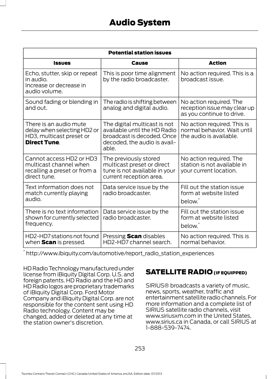 Satellite radio, Audio system | FORD 2014 Transit Connect v.2 User Manual | Page 256 / 404