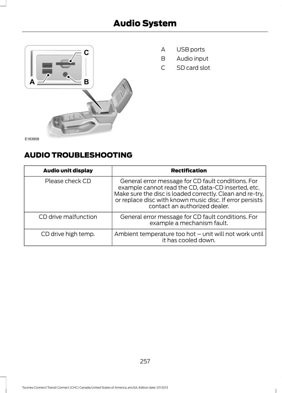 Audio troubleshooting, Audio system, Cb a | FORD 2014 Transit Connect v.2 User Manual | Page 260 / 404