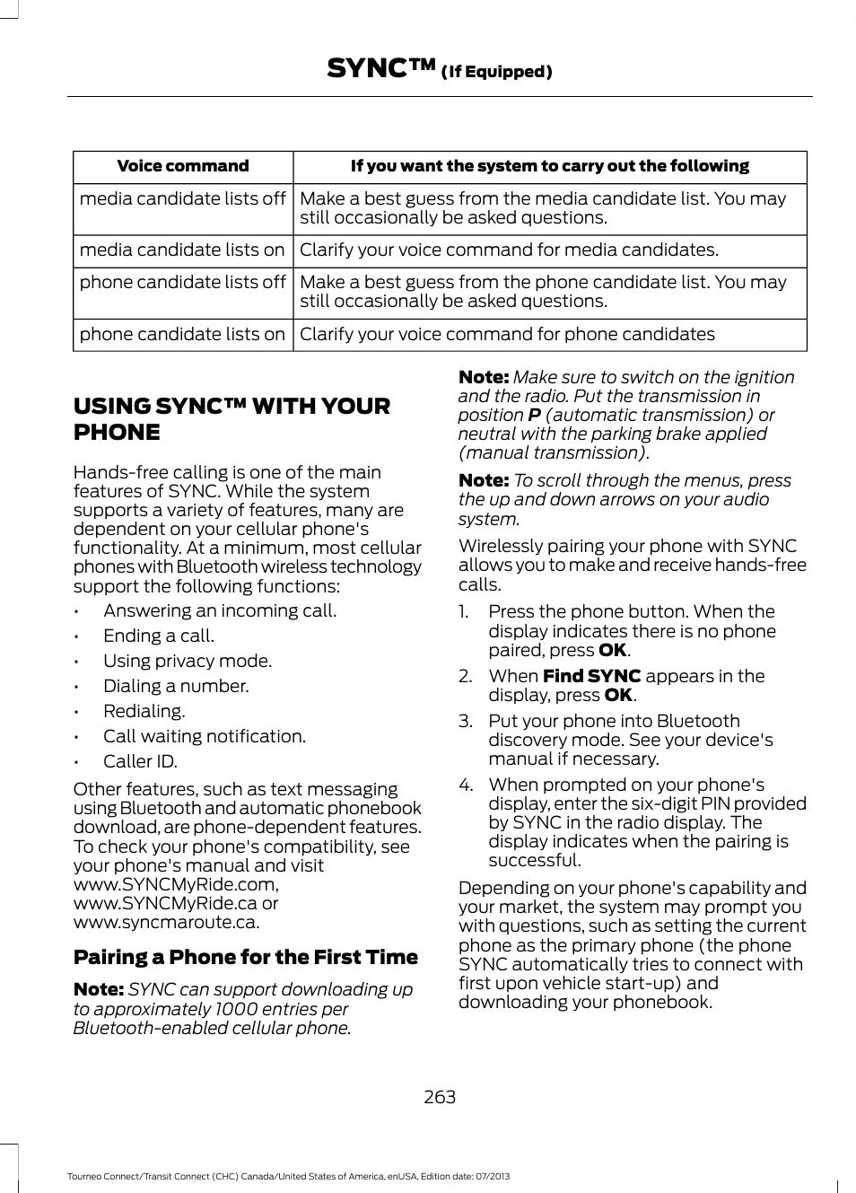 Using sync™ with your phone, Sync | FORD 2014 Transit Connect v.2 User Manual | Page 266 / 404