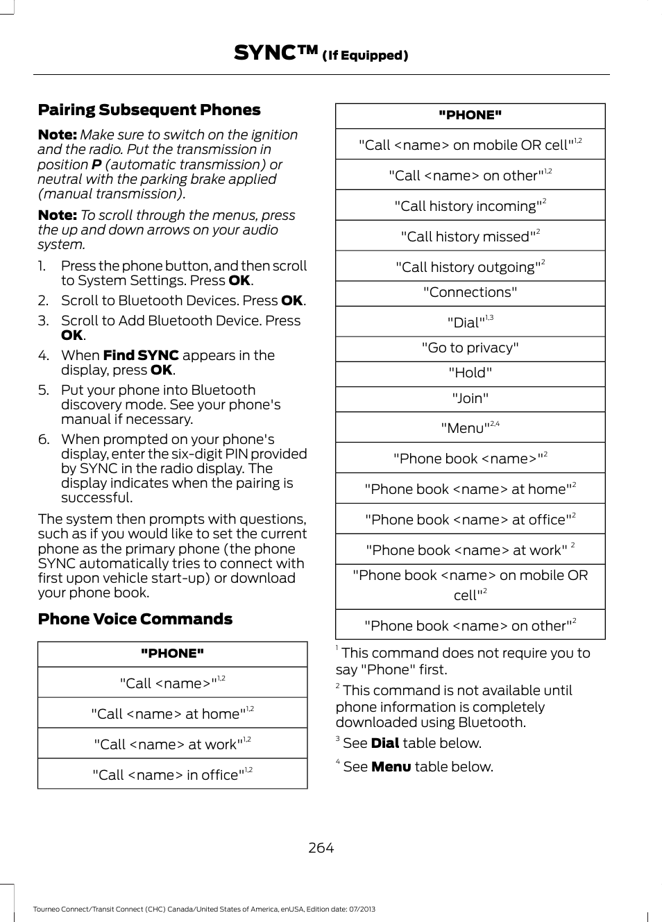 Sync, Pairing subsequent phones, Phone voice commands | FORD 2014 Transit Connect v.2 User Manual | Page 267 / 404
