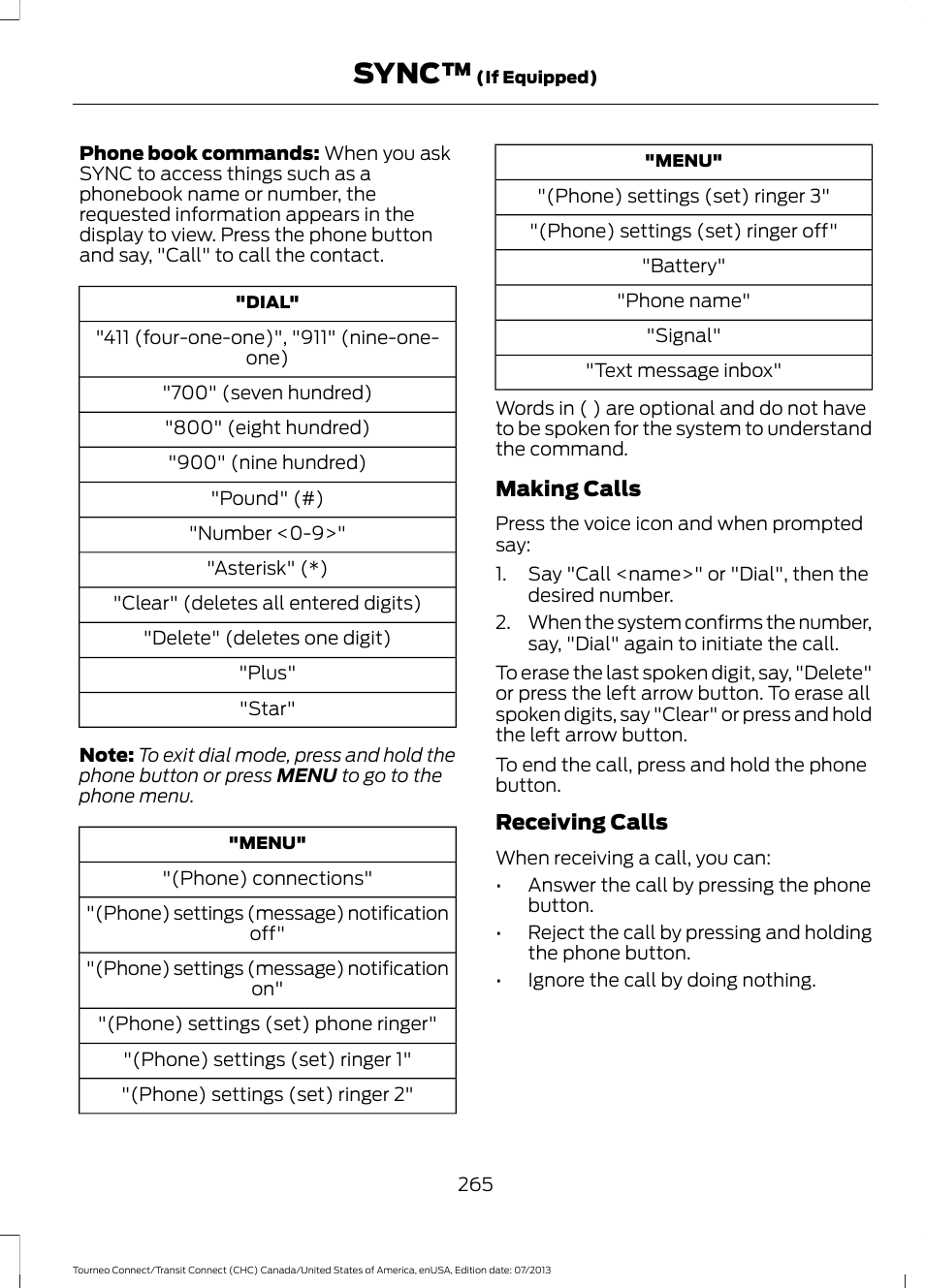 Sync | FORD 2014 Transit Connect v.2 User Manual | Page 268 / 404