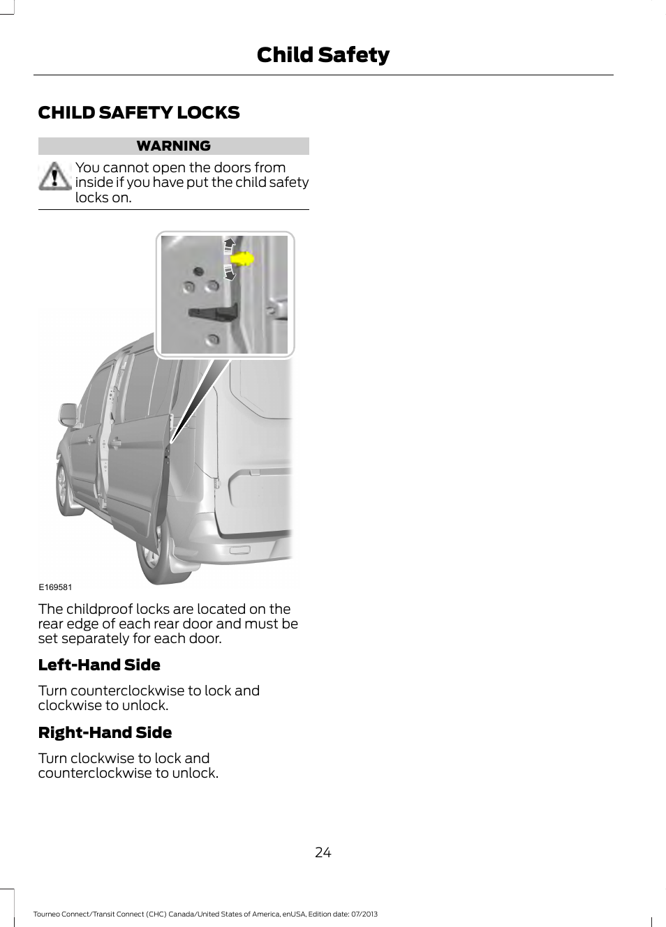 Child safety locks, Child safety | FORD 2014 Transit Connect v.2 User Manual | Page 27 / 404