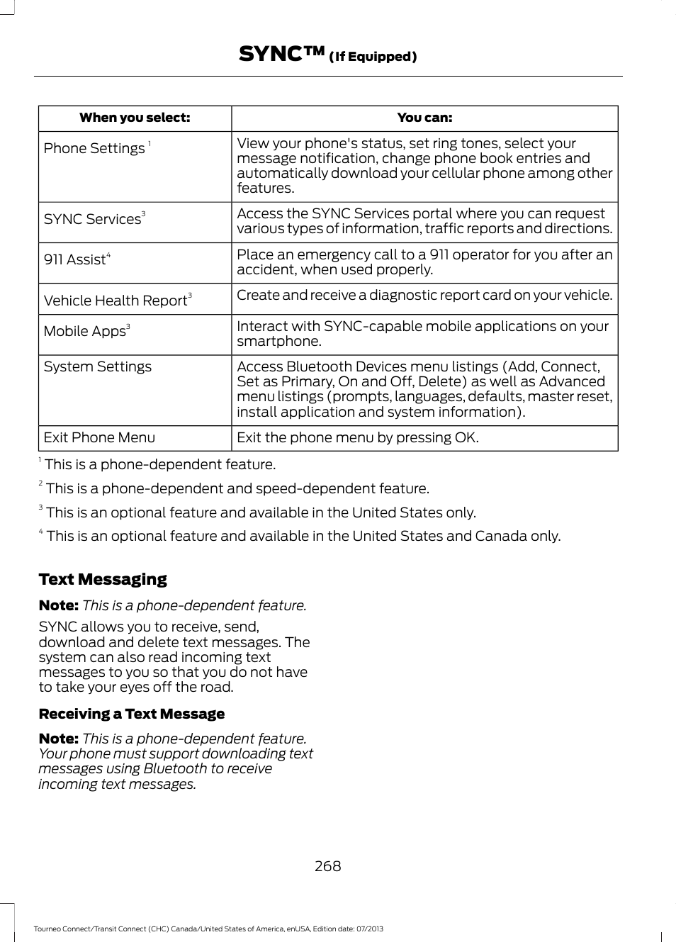 Sync, Text messaging | FORD 2014 Transit Connect v.2 User Manual | Page 271 / 404