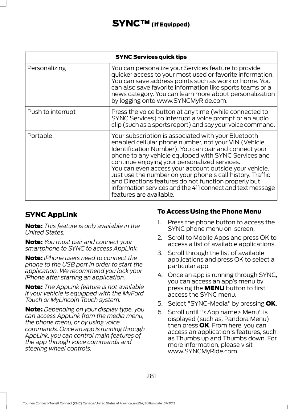 Sync | FORD 2014 Transit Connect v.2 User Manual | Page 284 / 404