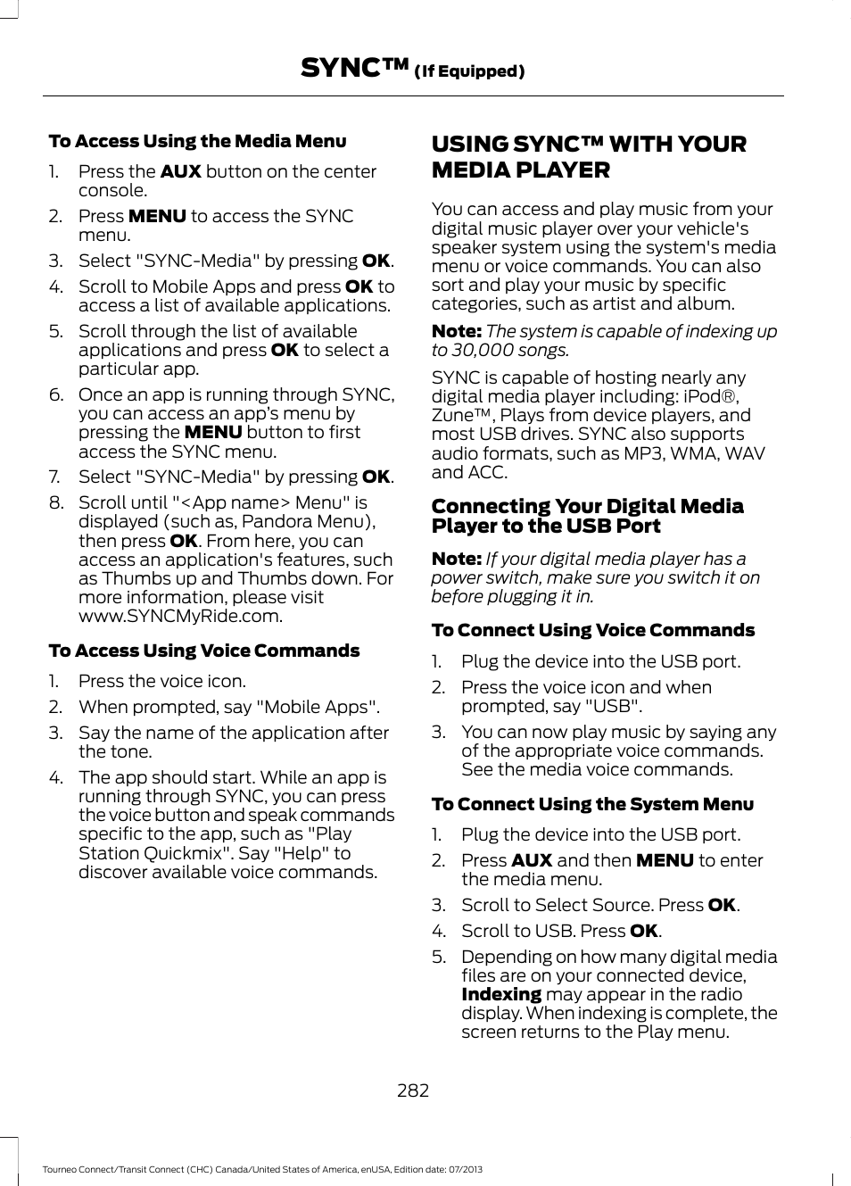 Using sync™ with your media player, Using sync™ with your media, Player | Sync | FORD 2014 Transit Connect v.2 User Manual | Page 285 / 404