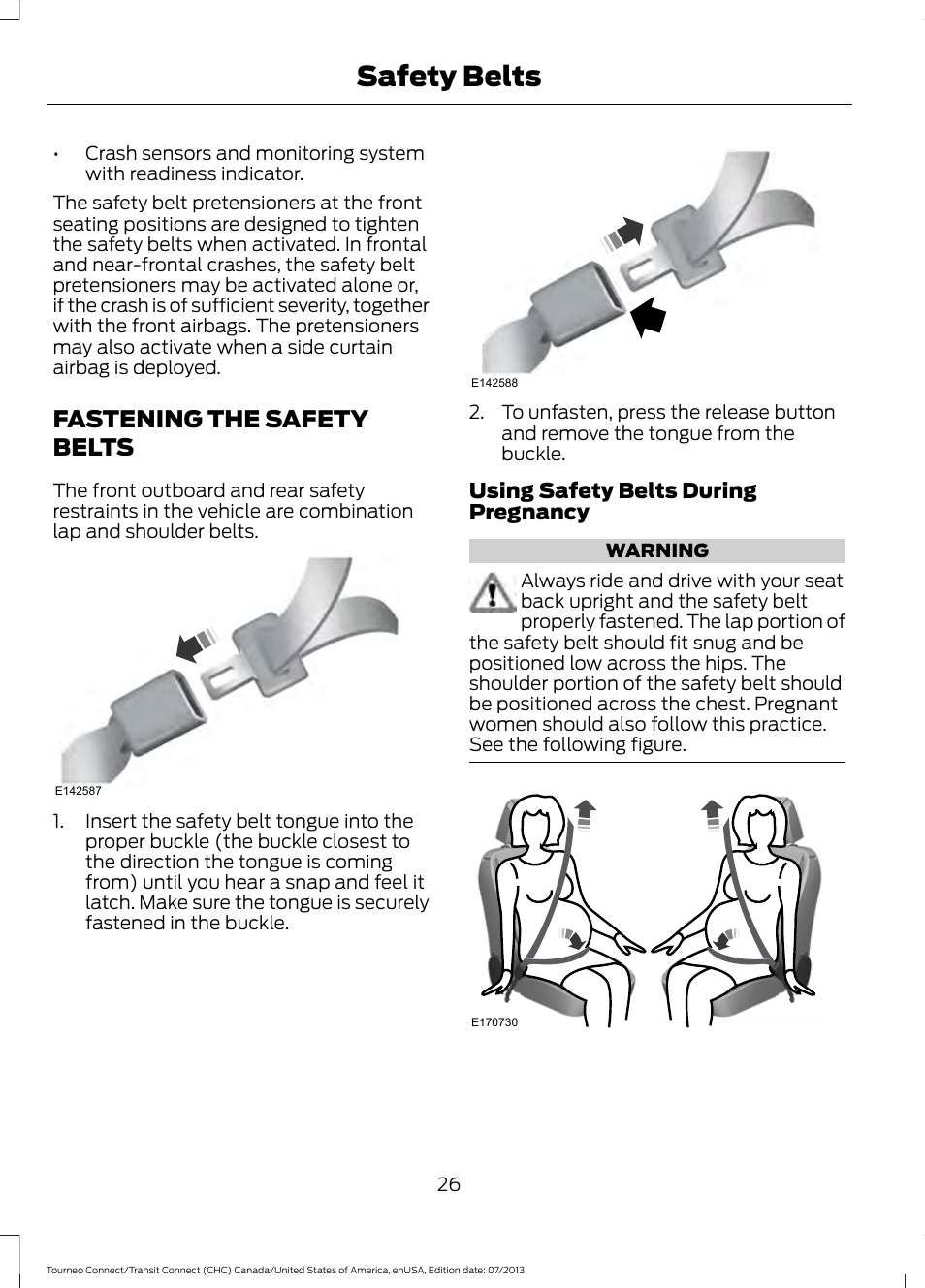 Fastening the safety belts, Safety belts | FORD 2014 Transit Connect v.2 User Manual | Page 29 / 404