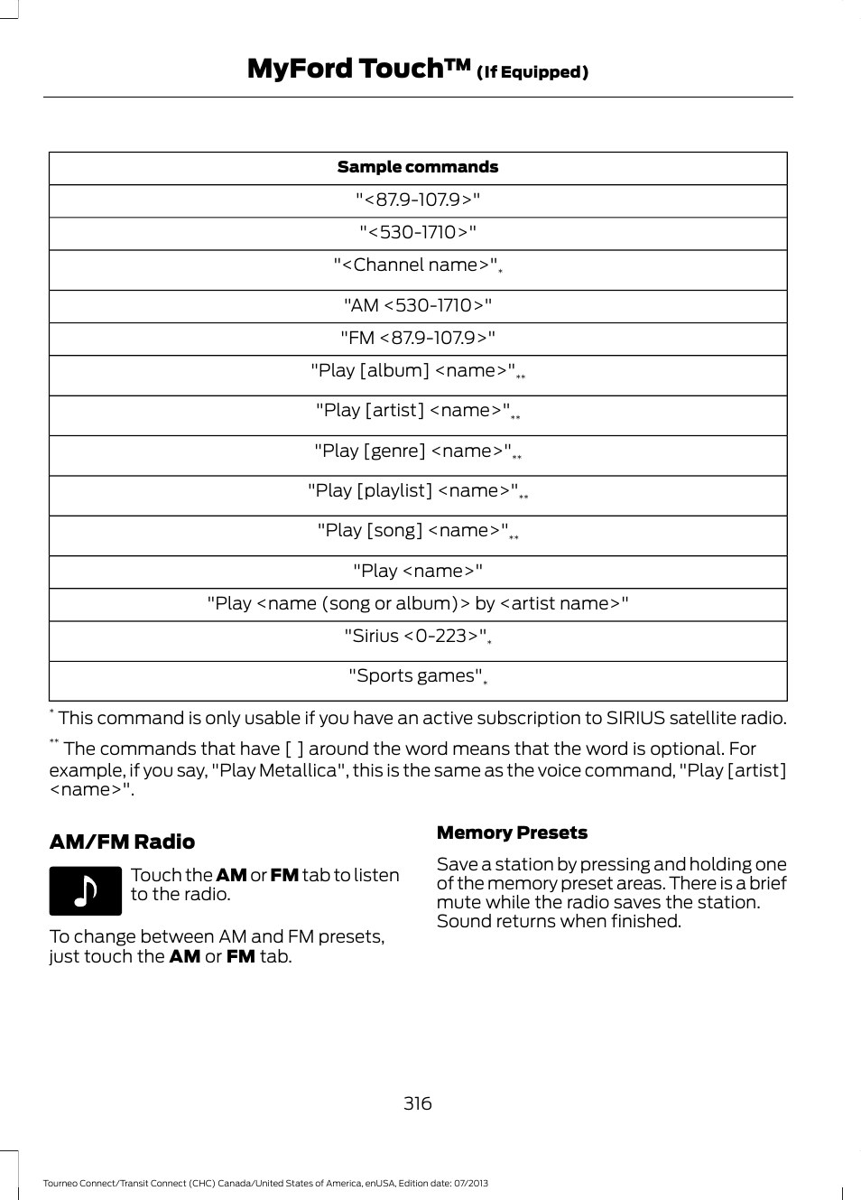 Myford touch, Am/fm radio | FORD 2014 Transit Connect v.2 User Manual | Page 319 / 404