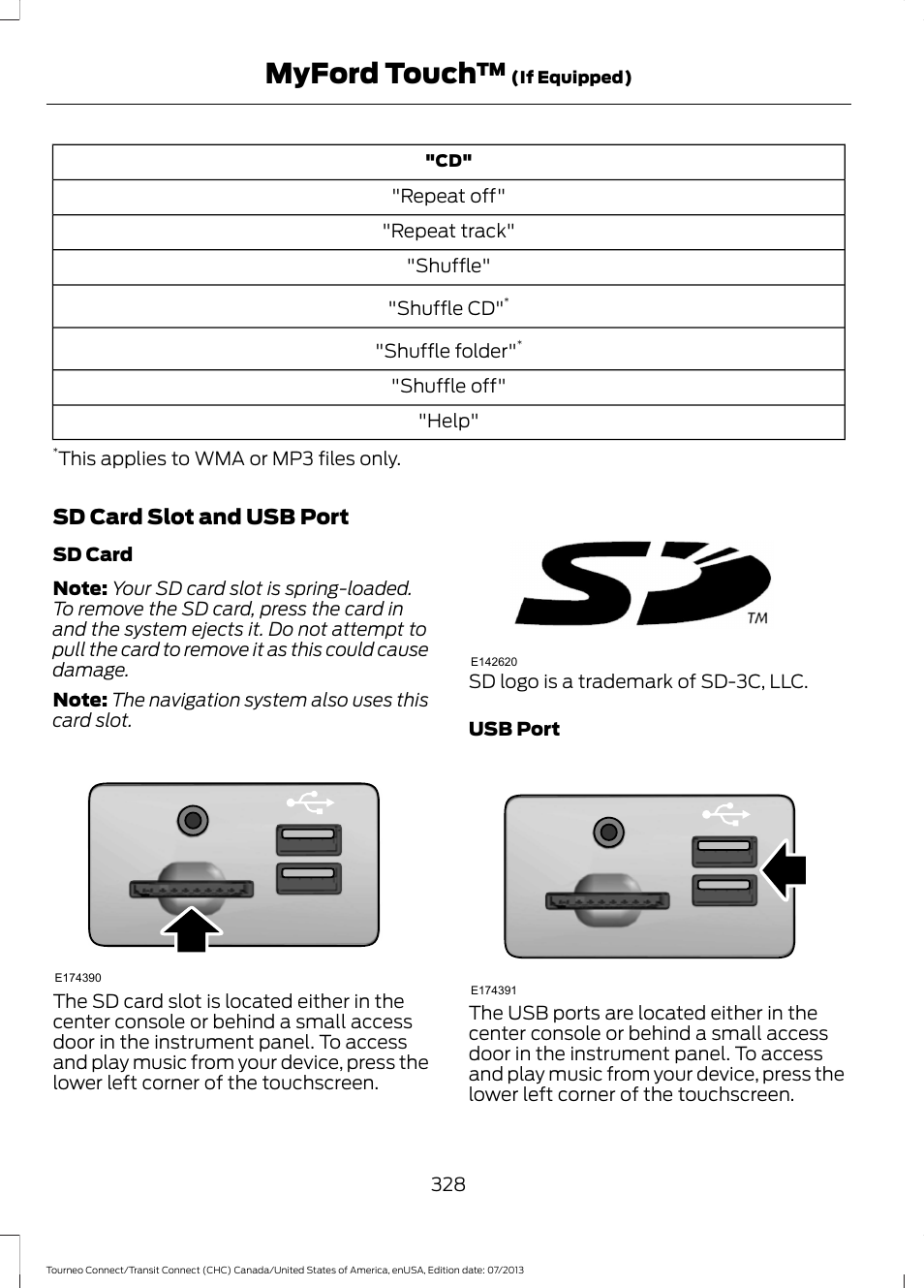 Myford touch, Sd card slot and usb port | FORD 2014 Transit Connect v.2 User Manual | Page 331 / 404