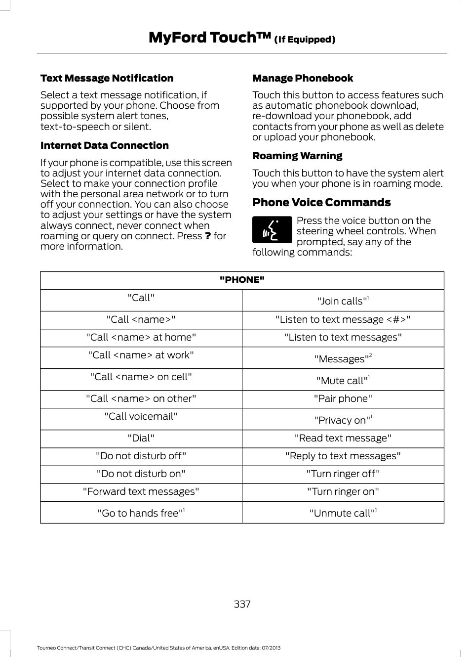 Myford touch, Phone voice commands | FORD 2014 Transit Connect v.2 User Manual | Page 340 / 404