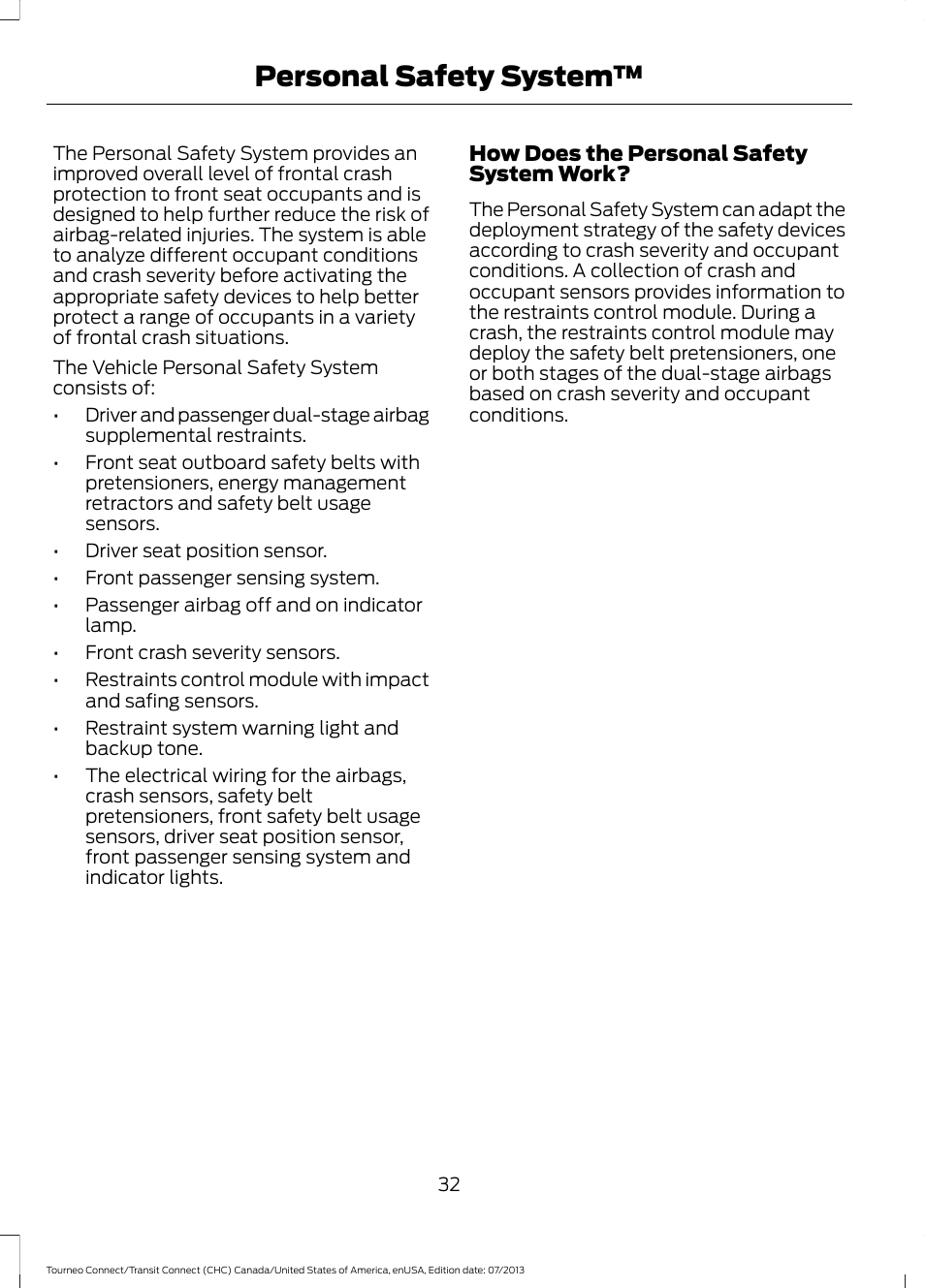 Personal safety system | FORD 2014 Transit Connect v.2 User Manual | Page 35 / 404