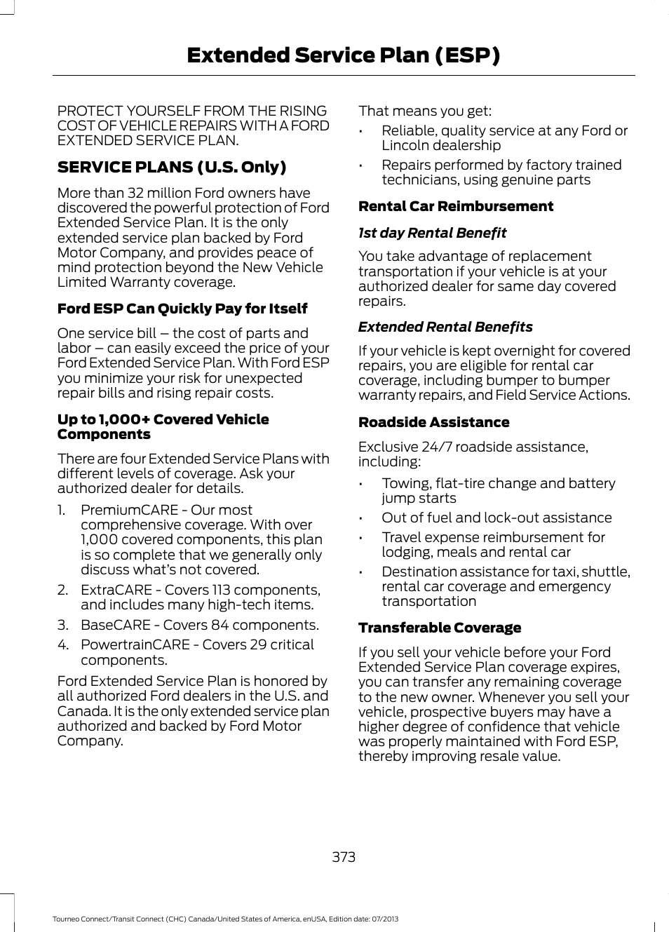 Extended service plan (esp), Extended service plan, Esp) | FORD 2014 Transit Connect v.2 User Manual | Page 376 / 404