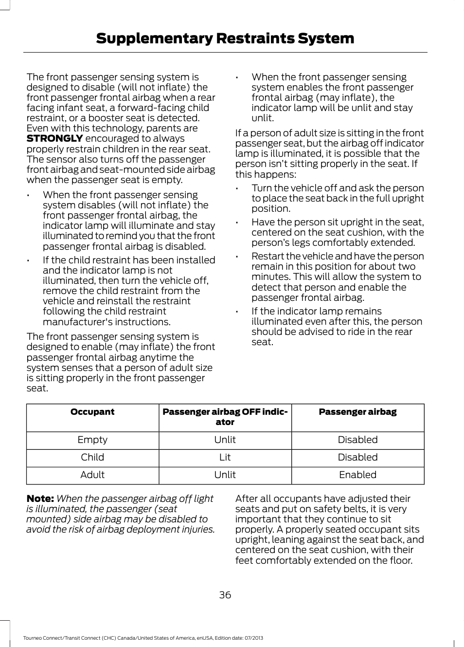 Supplementary restraints system | FORD 2014 Transit Connect v.2 User Manual | Page 39 / 404