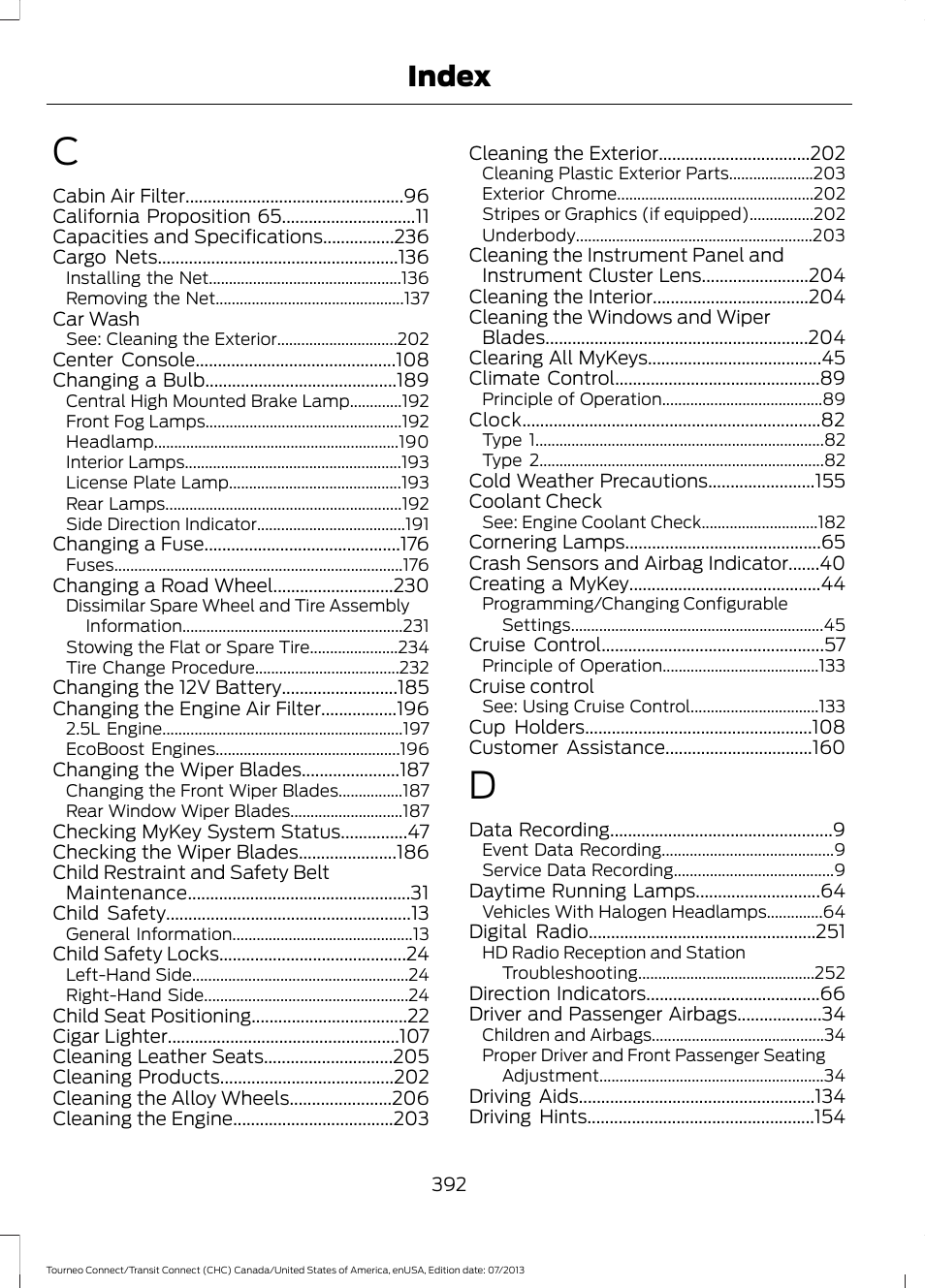Index | FORD 2014 Transit Connect v.2 User Manual | Page 395 / 404