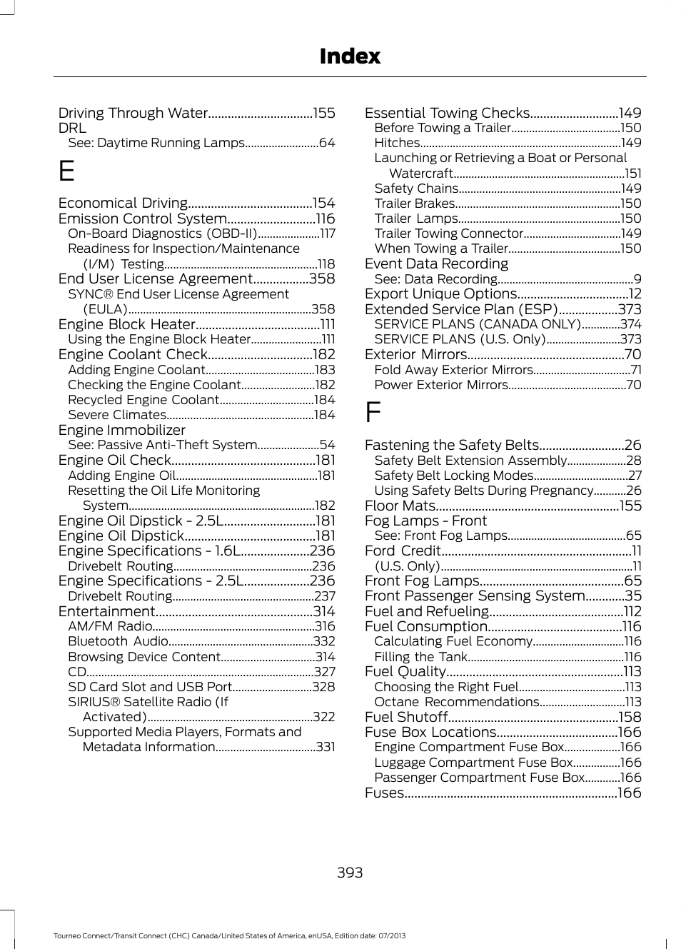 Index | FORD 2014 Transit Connect v.2 User Manual | Page 396 / 404