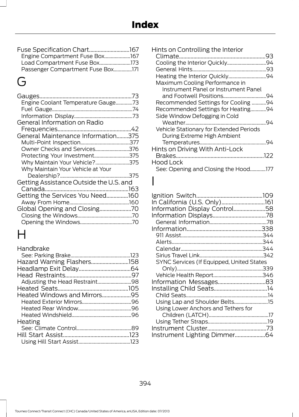 Index | FORD 2014 Transit Connect v.2 User Manual | Page 397 / 404