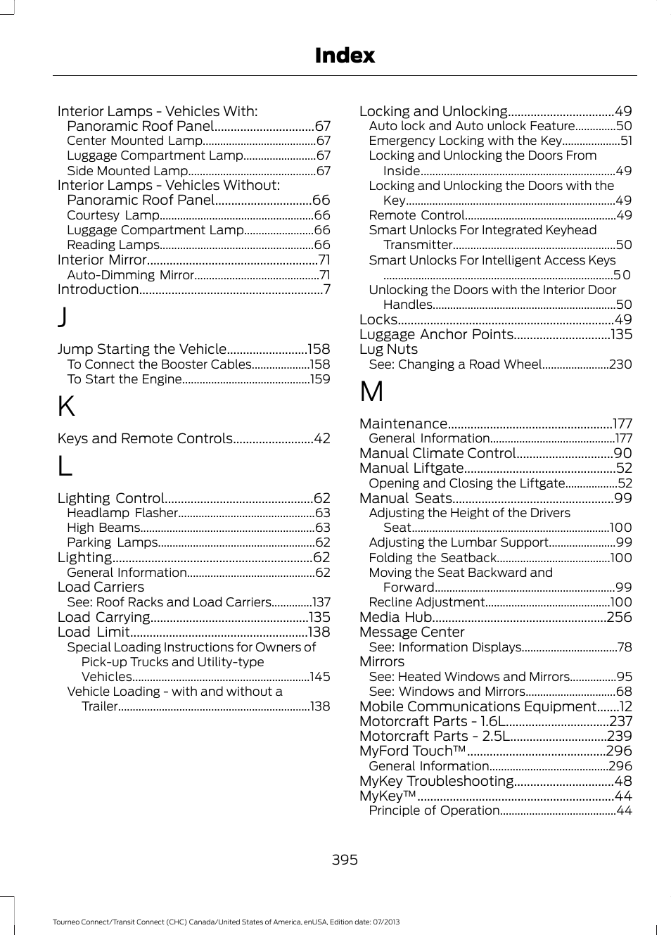 Index | FORD 2014 Transit Connect v.2 User Manual | Page 398 / 404