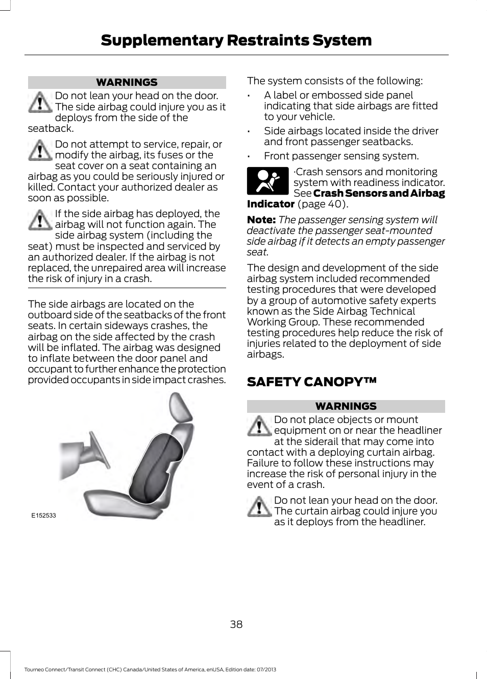 Safety canopy, Supplementary restraints system | FORD 2014 Transit Connect v.2 User Manual | Page 41 / 404