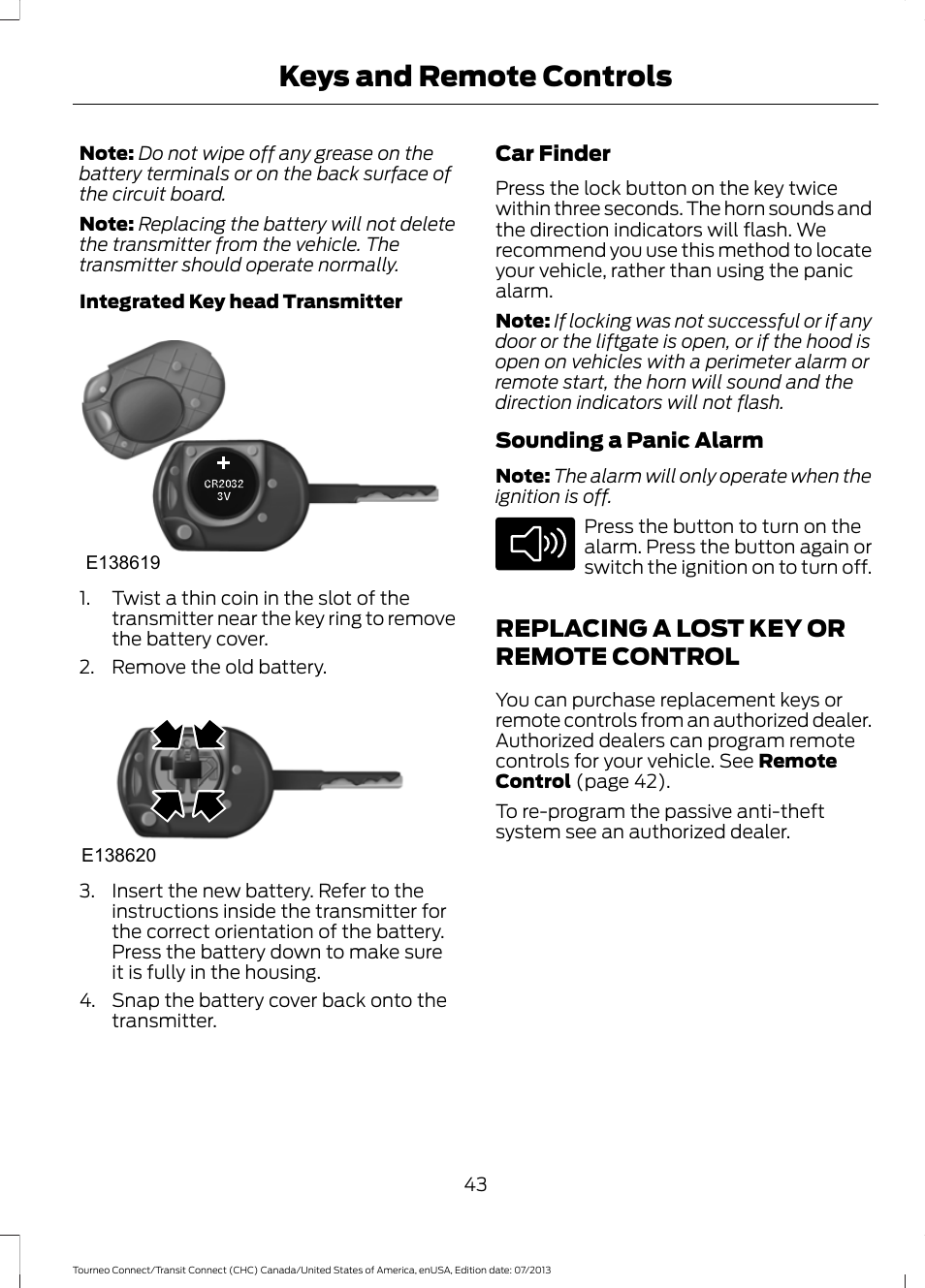 Replacing a lost key or remote control, Replacing a lost key or remote, Control | Keys and remote controls | FORD 2014 Transit Connect v.2 User Manual | Page 46 / 404