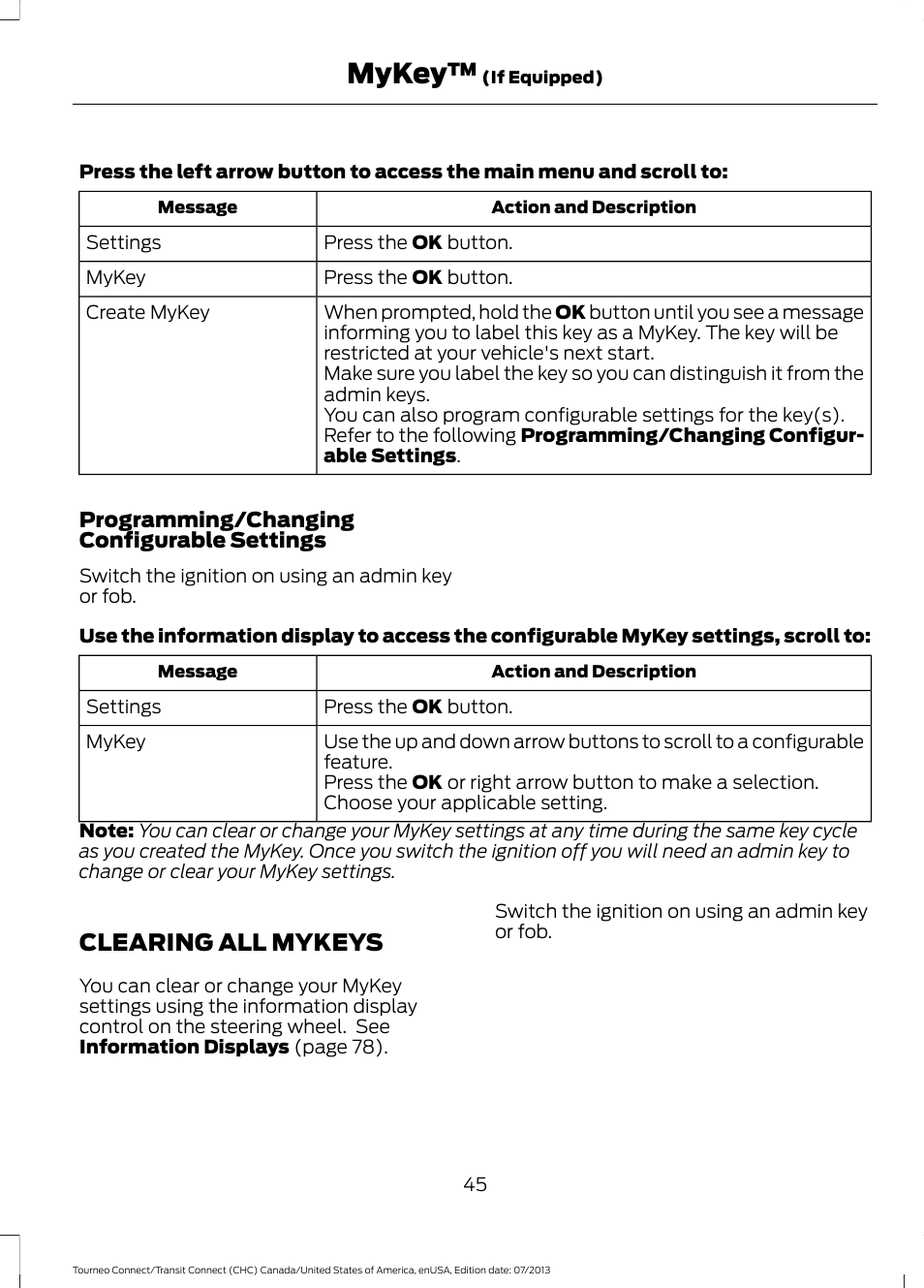 Clearing all mykeys, Mykey | FORD 2014 Transit Connect v.2 User Manual | Page 48 / 404