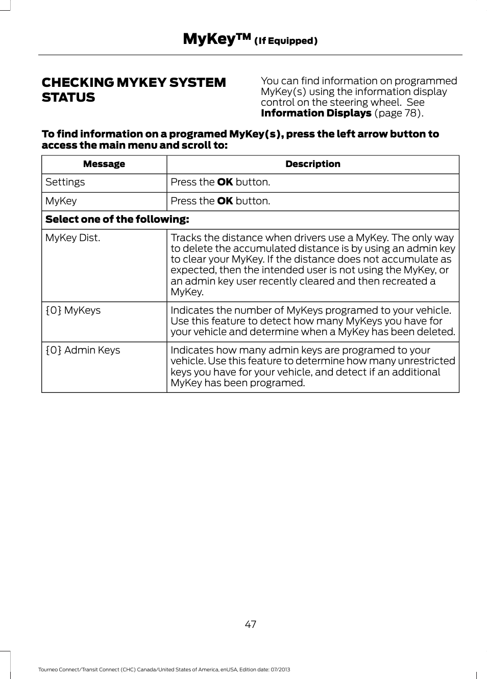 Checking mykey system status, Mykey | FORD 2014 Transit Connect v.2 User Manual | Page 50 / 404