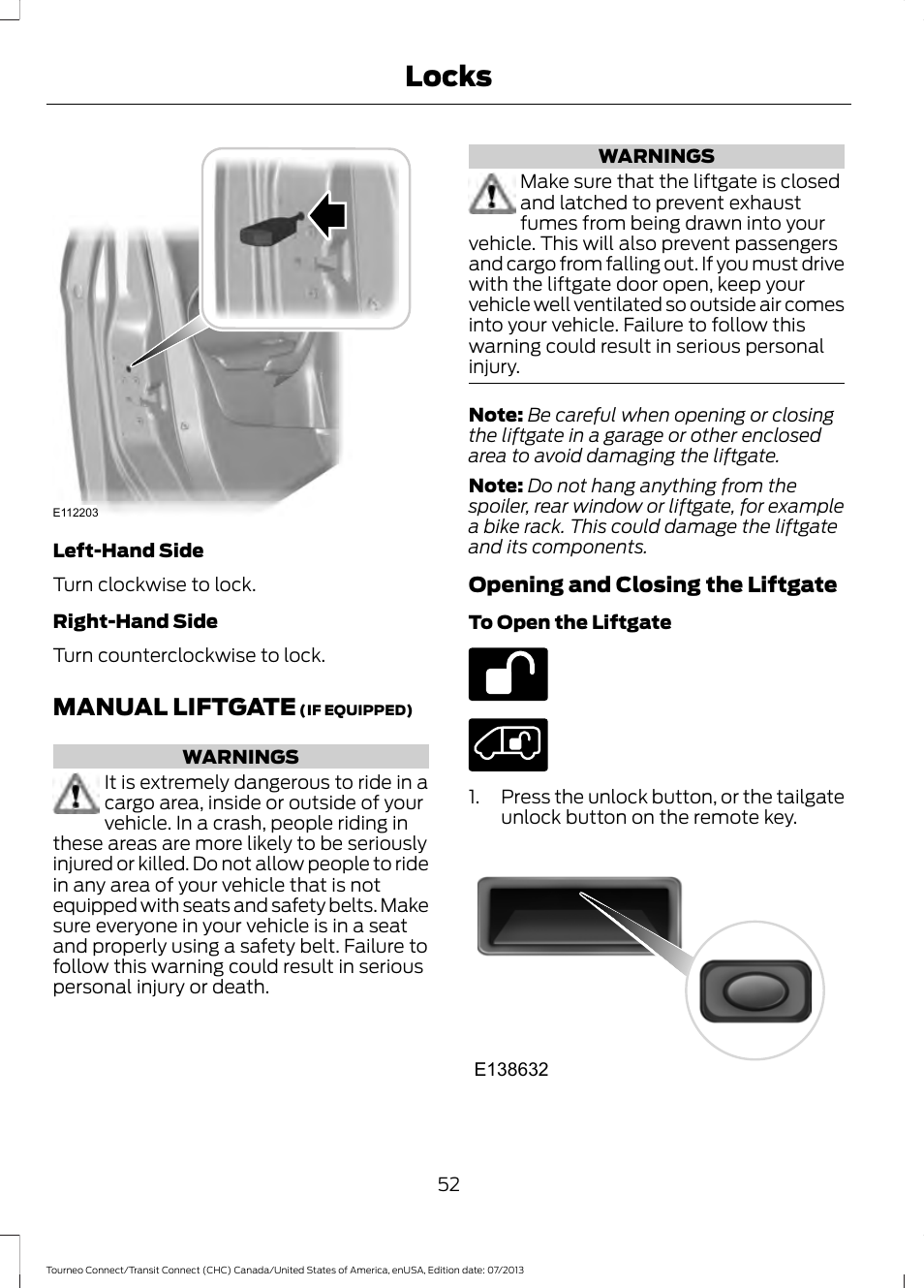 Manual liftgate, Locks | FORD 2014 Transit Connect v.2 User Manual | Page 55 / 404