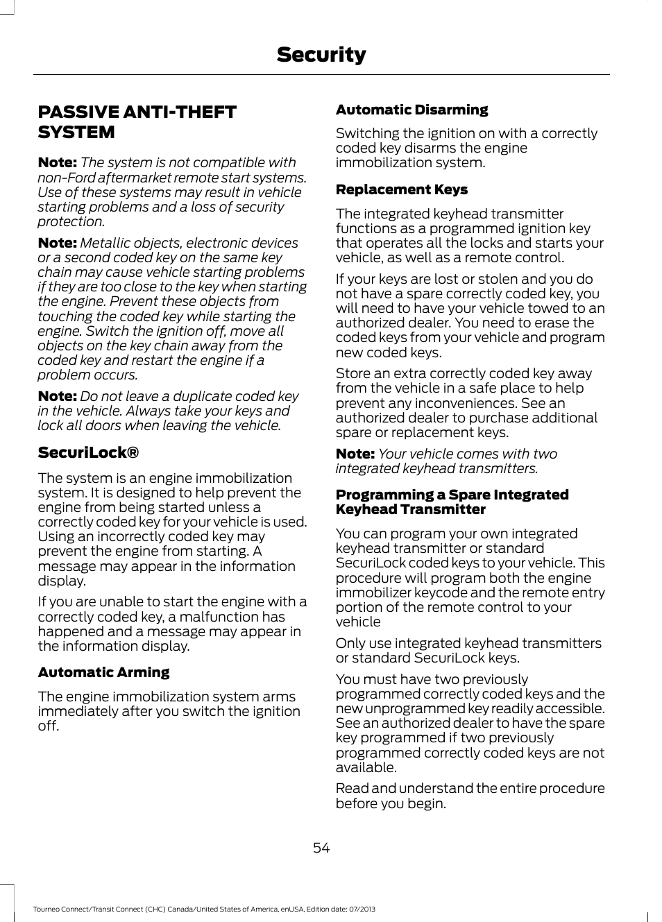 Security, Passive anti-theft system | FORD 2014 Transit Connect v.2 User Manual | Page 57 / 404