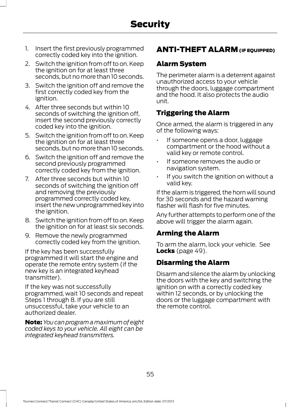 Anti-theft alarm, Security | FORD 2014 Transit Connect v.2 User Manual | Page 58 / 404