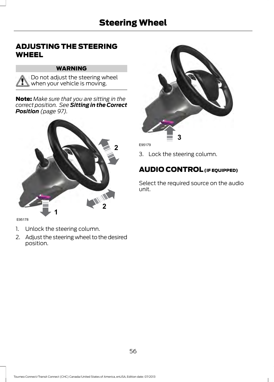 Steering wheel, Adjusting the steering wheel, Audio control | Adjusting the steering wheel audio control | FORD 2014 Transit Connect v.2 User Manual | Page 59 / 404