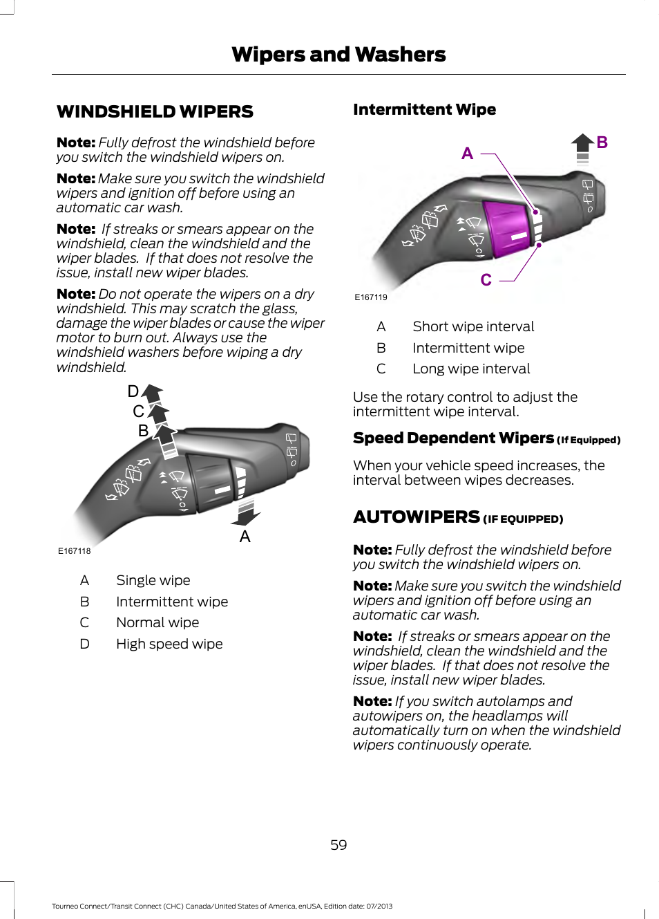 Wipers and washers, Windshield wipers, Autowipers | Windshield wipers autowipers, Dc a b, Ca b | FORD 2014 Transit Connect v.2 User Manual | Page 62 / 404